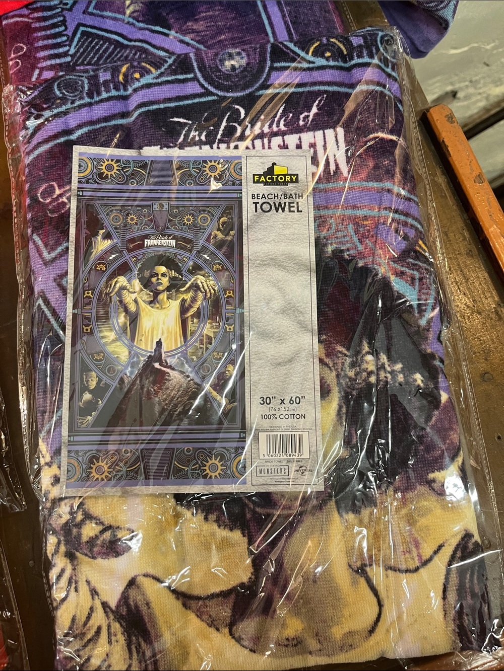 Bride of Frankenstein Beach/Bath Towel in Purple and Yellow